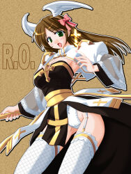 1girl arch_bishop_(ragnarok_online) black_dress bow breasts brown_background brown_hair cleavage commentary_request copyright_notice cowboy_shot cross dress fake_wings feathered_wings fingernails fishnet_thighhighs fishnets frilled_thighhighs frills garter_straps green_eyes hair_bow head_wings juliet_sleeves long_hair long_sleeves looking_at_viewer medium_breasts open_mouth panties pink_bow pink_nails puffy_sleeves ragfes ragnarok_online sash shrug_(clothing) simple_background smile solo strapless strapless_dress tatsumi_ray thighhighs underwear variant_set white_panties white_thighhighs white_wings wings