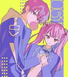 1boy 1girl blazer blue_bow blue_bowtie blue_hoodie blue_jacket bow bowtie brown_cardigan cardigan chewing_gum closed_mouth collared_shirt hair_ornament heart heart_hair_ornament highres hood hoodie jacket li_tianchen li_tianxi long_hair looking_at_viewer open_clothes open_jacket pink_eyes pink_hair ponytail school_uniform shiguang_dailiren shirt short_hair simple_background smile twintails white_shirt zariganihouse