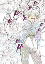 3girls 4boys blonde_hair braid breasts diver_down_(stand) double_bun emporio_alnino ermes_costello foo_fighters_(jojo) hair_bun jojo_no_kimyou_na_bouken jun_wu_mo kiss_(stand) kuujou_jolyne kuujou_joutarou large_breasts long_hair midriff multicolored_hair multiple_boys multiple_girls narciso_anasui navel solo_focus spider_web_print stand_(jojo) star_platinum stone_free stone_ocean tattoo thighs two-tone_hair weather_report