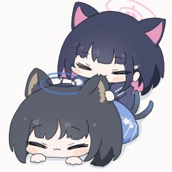 2girls animal_ear_fluff animal_ears animated animated_gif biting black_hair blue_archive blush_stickers cat_ears cat_tail chibi closed_eyes closed_mouth biting_ear ear_wiggle hair_ornament hairclip halo kazusa_(blue_archive) kikyou_(blue_archive) long_sleeves lying medium_hair multicolored_hair multiple_girls multiple_tails on_stomach pink_hair pink_halo tail two-tone_hair two_tails umihio