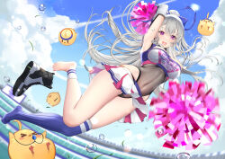 1girl :d arm_up armpit_cutout armpits au11 azur_lane barefoot bird blue_sky blue_thighhighs blush bow breasts casablanca_(azur_lane) casablanca_(cheer_squad_on_break)_(azur_lane) cheerleader chick chinese_commentary cleavage clothes_writing clothing_cutout cloud commentary_request covered_navel crop_top day full_body grey_hair grey_leotard hair_between_eyes hair_bow holding holding_pom_poms large_breasts leotard leotard_under_clothes long_hair long_sleeves looking_at_viewer manjuu_(azur_lane) miniskirt official_alternate_costume open_mouth outdoors pleated_skirt pom_pom_(cheerleading) pom_poms ponytail purple_eyes ribbed_thighhighs shoes sidelocks single_thighhigh skirt sky smile sneakers sweat thighhighs two-tone_skirt unworn_shoes water_drop white_shoes white_skirt