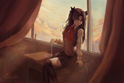 1girl absurdres black_hair black_skirt black_thighhighs blue_eyes classroom cloud collared_shirt curtains dated desk fate/stay_night fate_(series) hair_ribbon highres homurabara_academy_school_uniform jewelry looking_at_viewer neck_ribbon on_desk pendant pifinity ribbon school_desk school_uniform shirt sitting skirt solo thighhighs tohsaka_rin two_side_up vest white_shirt window