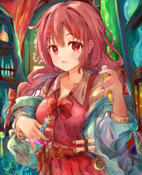 1girl absurdres adapted_costume belt belt_buckle bow bowtie braid breasts brown_belt buckle buttons collarbone commentary_request fang hair_bow highres holding holding_test_tube ikazuchi_akira indoors lab_coat laboratory light_blush light_smile long_hair looking_at_viewer loose_bowtie medium_breasts okazaki_yumemi partial_commentary red_bow red_bowtie red_eyes red_hair red_skirt red_vest skin_fang skirt skirt_set solo test_tube touhou touhou_(pc-98) vest window