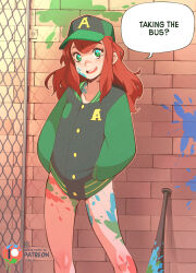 1girl :d baseball_bat baseball_cap breasts collarbone commentary creux day english_commentary english_text gate green_eyes hat highres jacket long_hair looking_at_viewer medium_breasts naked_jacket navel nipples open_clothes open_mouth original outdoors paid_reward_available paint_splatter patreon_logo patreon_username smile solo speech_bubble standing teeth upper_teeth_only