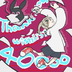 1girl akutagawa_yomuko alien animal_ears artist_request artistic_error black_tail blonde_hair blush_stickers book commentary commentary_request cross-laced_shoes double-parted_bangs drop_shadow english_text eyes_over_blush gogh:_focus_with_your_avatar grey_eyes grey_shorts highres holding holding_paper holding_pen hood hood_down hooded_jacket jacket kuroda_42 long_hair long_sleeves long_tail looking_at_object looking_up milestone_celebration nose official_art open_book open_mouth paper papers pen profile rabbit_ears reading red_background red_eyes red_shoes second-party_source shoes shorts sideways_mouth simple_background sneakers socks tail thank_you towel towel_on_head twintails white_hood white_jacket white_sleeves white_socks