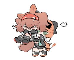 &gt;_&lt; 2girls ? angelina_(arknights) animal_ears arknights black_gloves black_jacket black_shorts black_tube_top blush_stickers chibi closed_eyes coat cow_girl cow_horns croissant_(arknights) earpiece flying_sweatdrops fox_ears fox_girl fox_tail fur-trimmed_jacket fur_trim gloves green_eyes hairband highres horns jacket lifting_person long_hair long_sleeves medium_hair midriff multiple_girls nyoggi1 open_clothes open_coat orange_hair red_hairband shorts spoken_question_mark strapless striped_clothes striped_hairband tail tube_top twintails two-tone_hairband white_coat