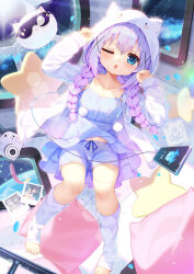 1girl ;o animal_ear_hood blue_dress blue_eyes blue_hair blue_shorts braid clothes_lift collarbone commentary_request crossed_bangs drawstring dress dress_lift fake_animal_ears flat_chest full_body gochuumon_wa_usagi_desu_ka? hair_between_eyes hair_ornament highres hood hood_up hooded_jacket jacket kafuu_chino leg_warmers long_hair long_sleeves looking_at_viewer midriff_peek navel no_shoes one_eye_closed open_clothes open_jacket open_mouth pom_pom_(clothes) shorts sidelocks sleeveless sleeveless_dress solo taku_michi tearing_up tippy_(gochiusa) toes twin_braids white_jacket white_leg_warmers x_hair_ornament