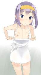 1girl black_eyes clothes_pull commentary_request dated dated_commentary dress dress_pull flat_chest hairband highres loli looking_at_viewer medium_hair nipples original parted_lips pulling_own_clothes purple_hair signature solo textless_version white_dress yellow_hairband yone_kinji