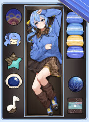 1girl absurdres alternate_costume amesui arm_up asymmetrical_clothes black_nails black_shoes blue_eyes blue_hair blue_shoes blue_sweater bow box box_of_chocolates brown_bow brown_shirt brown_skirt brown_socks closed_mouth collared_shirt commentary food full_body hair_between_eyes hand_on_own_head hand_on_own_stomach head_bow helmet highres hololive hoshimachi_suisei looking_at_viewer loose_socks lying macaron mini_person minigirl miniskirt multicolored_shoes musical_note nail_polish on_back plaid_bow plaid_clothes plaid_shirt shirt shirt_under_sweater shoes side_ponytail skirt smile socks solo space_helmet star_(symbol) sweater virtual_youtuber yellow_bow