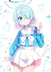 1girl absurdres arona_(blue_archive) blue_archive blue_eyes blue_hair blue_halo blue_pupils blue_serafuku blue_shirt blush bow bow_hairband braid choker circle clenched_hand closed_mouth collarbone colored_inner_hair commentary cowboy_shot darumoon hair_over_one_eye hairband halo hand_up head_tilt highres light_blue_hair light_blush long_sleeves looking_at_viewer midriff_peek multicolored_hair neckerchief pink_hair pink_shirt pink_skirt pleated_skirt sailor_collar school_uniform serafuku shirt short_hair simple_background single_braid skirt smile solo split_mouth standing triangle two-sided_fabric two-sided_shirt two-sided_skirt white_background white_bow white_choker white_hairband white_neckerchief white_sailor_collar white_skirt x