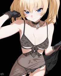 1girl ani_(xai) arm_up artist_logo black_background black_gloves black_panties blonde_hair blue_eyes bra breasts choker commentary crotchless crotchless_panties english_commentary gloves highres keihh lace lace-trimmed_choker lace-trimmed_gloves lace_bra lace_panties lace_trim large_breasts logo looking_at_viewer paid_reward_available panties see-through_clothes simple_background smile solo standing thighs twintails twitter underwear xai_(company)