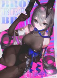 1girl :t absurdres alternate_costume animal_ears artist_name black_gloves black_leotard black_pantyhose breasts bronya_rand character_name commentary drill_hair elbow_gloves eskm00 gloves grey_eyes grey_hair highres honkai:_star_rail honkai_(series) leotard long_hair looking_at_viewer medium_breasts pantyhose pink_background playboy_bunny rabbit_ears solo symbol-only_commentary
