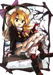 1girl :d absurdres black_dress blonde_hair bloomers boots border bow brown_boots collar commentary_request crystal dress forbidden_scrollery frilled_dress frills gloves harukawa_moe_(style) hat hat_bow highres holding holding_crystal ice_crystal kirisame_marisa koxapfi4jyljb0d leg_warmers long_hair open_mouth purple_bow red_gloves sitting_on_fence smile snow snowing solo touhou tree underwear white_border white_collar winter witch_hat yellow_eyes
