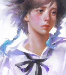 1boy aqua_hair black_hair black_ribbon blue_eyes blush braid closed_mouth collared_shirt commentary english_commentary genshin_impact gradient_hair highres light_particles lips looking_to_the_side male_focus medium_hair multicolored_hair neck_ribbon nikolas_(nikolardon) portrait realistic ribbon shirt simple_background solo twin_braids venti_(genshin_impact) white_background white_shirt