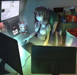 1girl 4chan absurdres chair closed_mouth commentary computer computer_keyboard computer_mouse discord doritos english_commentary fumo_(doll) hair_between_eyes hat highres himekaidou_hatate indoors inubashiri_momiji kalejdodatabase milk_carton monitor on_chair pepsi purple_hat screen screen_light short_sleeves sitting smile solo tokin_hat touhou