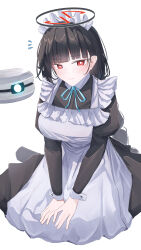 1girl absurdres alternate_costume apron black_dress black_hair blue_archive blue_ribbon blunt_bangs blush closed_mouth dress drone hairband highres kneeling leonardo_566 long_hair looking_at_viewer maid maid_apron maid_headdress ribbon rio_(blue_archive) solo white_apron white_hairband