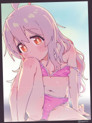 Rule 34 | 1girl, ahoge, arm support, armpit crease, bare arms, bare legs, bare shoulders, bikini, blush, closed mouth, collarbone, commentary request, flat chest, grey hair, hair between eyes, hashtag-only commentary, head tilt, highres, knee to face, knee up, long hair, matado (almukha), multicolored hair, navel, onii-chan wa oshimai!, orange eyes, oyama mahiro, pink bikini, pink hair, ribs, sitting, solo, strap slip, streaked hair, sweatdrop, swimsuit, twitter username, viewfinder, wet, wet hair