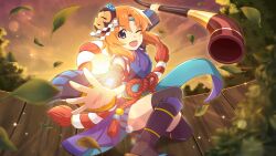 Rule 34 | 1girl, ;d, black thighhighs, blue eyes, blurry, depth of field, detached sleeves, evening, falling leaves, fisheye, full body, game cg, highres, higurashi no naku koro ni, higurashi no naku koro ni mei, holding, japanese clothes, leaf, lens flare, light rays, looking at viewer, mask, mask on head, monkey mask, non-web source, official art, one eye closed, open mouth, orange hair, outdoors, reaching, reaching towards viewer, ryuuguu rena, short hair, smile, solo, sparkle, sunbeam, sunlight, sunset, thighhighs, tree
