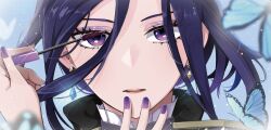 1girl blue_background blue_butterfly blue_gemstone bug butterfly clorinde_(genshin_impact) commentary earrings floating_hair gem genshin_impact hair_between_eyes hand_on_own_chin holding insect jewelry long_hair looking_at_viewer parted_lips purple_eyes purple_hair purple_nails shiba_(tonari_no_shiba_inu) simple_background solo