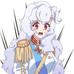 1girl aiguillette alpha_(alpha_1918) armband bad_link bags_under_eyes blue_sash buttons collar cross cross_pendant curly_hair emphasis_lines epaulettes facing_viewer findoworld fluffy fluffy_hair gold_buttons gold_trim hair_ornament lips long_hair looking_at_viewer military military_uniform nervous_sweating non-web_source official_art open_mouth original red_eyes russian_empire sash scared solo sticker sweat sweatdrop transparent transparent_background upper_body very_long_hair wavy_mouth white_hair