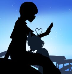 Rule 34 | 1boy, 1girl, amazon (company), amazon kindle, arona (blue archive), blue archive, blue sky, fellatio, halo, heart, hetero, kunugi miyaco, oral, penis, short hair, silhouette, sky, star (sky)