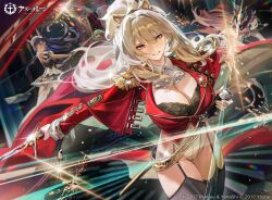 3girls animal_ears artist_request azur_lane black_bra black_dress black_garter_straps black_thighhighs bra breasts cleavage cleopatra_(azur_lane) dark-skinned_female dark_skin dress floating_hair gallant_(azur_lane) garter_straps hair_between_eyes highres holding holding_sword holding_weapon large_breasts lion_(azur_lane) lion_ears long_hair long_sleeves maid maid_headdress military_uniform multiple_girls official_art parted_lips second-party_source smile sword thighhighs underwear weapon white_thighhighs