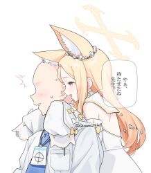 Rule 34 | 1boy, 1girl, ahoge, animal ear fluff, animal ears, backless dress, backless outfit, bald, blonde hair, blue archive, blue necktie, business casual, commentary request, detached sleeves, dress, extra ears, faceless, faceless male, fox ears, fox girl, halo, halo behind head, head wreath, id card, lanyard, long hair, long sleeves, looking at another, necktie, object in pocket, orange eyes, parted bangs, parted lips, pasuterusawaa, pen in pocket, pocket, profile, sailor collar, sailor dress, school uniform, seia (blue archive), sensei (blue archive), shirt, sidelocks, simple background, sleeves past fingers, sleeves past wrists, speech bubble, surprised, teasing, translation request, whispering, white dress, white sailor collar, white shirt, wide sleeves, yellow halo