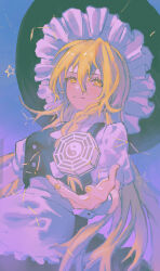 Rule 34 | 1girl, absurdres, apron, black hat, black skirt, black vest, blonde hair, braid, floating, floating object, grin, hair between eyes, hat, highres, k4ja0002, kirisame marisa, long hair, looking at viewer, mini-hakkero, nail polish, parted lips, puffy short sleeves, puffy sleeves, purple background, shirt, short sleeves, side braid, simple background, single braid, skirt, smile, solo, star (symbol), touhou, very long hair, vest, waist apron, white apron, white shirt, witch hat, yellow eyes, yellow nails