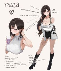 1girl armpit_crease artist_name asymmetrical_bangs bag bare_shoulders black_boots black_bra black_hair black_shorts blush boots bra bracelet breasts cleavage commentary cup disposable_coffee_cup disposable_cup drinking drinking_straw earbuds earphones earrings english_commentary english_text full_body handbag highres holding holding_cup jewelry knee_boots large_breasts long_hair long_sleeves looking_at_viewer looking_to_the_side multiple_views nail_polish necklace off-shoulder_sweater off_shoulder original paid_reward_available purple_eyes red_nails reference_sheet rucarachi short_shorts shorts shoulder_bag signature simple_background sleeveless sleeveless_turtleneck smile sweater tank_top turtleneck underwear upper_body white_sweater