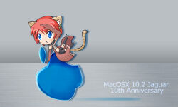 Rule 34 | 1girl, animal ears, apple, apple inc., black shorts, blue eyes, chibi, chibi only, commentary request, food, fruit, gloves, grey background, jaguar-tan, leopard ears, leopard girl, leopard tail, macintosh, midriff, original, os-tan, personification, red gloves, red hair, sato (esuplusesu), short hair, shorts, smile, solo, tail