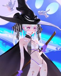 1girl absurdres armpits bikini black_cape black_hat bow breasts cape cleavage commentary cowboy_shot detached_collar diagonal_stripes disembodied_hand earrings english_commentary gloves hair_between_eyes hair_bow hat highres jewelry linea_alba long_hair navel open_mouth original pink_eyes purple_gloves small_breasts solo standing stomach striped_bow swimsuit symbol-shaped_pupils thigh_strap thighs twintails white_bikini white_hair witch_hat wonbin_lee x-shaped_pupils