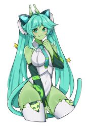 1girl :3 alien animal_ears antennae bare_shoulders blue_eyes blue_hair blue_necktie blush breasts cat_ears cat_girl cat_tail closed_mouth colored_skin commentary cropped_legs detached_sleeves english_commentary fang fang_out glorpi_miku_(dyarikku) green_pupils green_skin green_sleeves hand_between_thighs hand_up hatsune_miku highres large_breasts leotard long_hair looking_at_viewer necktie oninuer shirt simple_background sleeveless sleeveless_shirt smile solo star_(symbol) tail thighhighs twintails very_long_hair vocaloid white_background white_leotard white_shirt white_thighhighs
