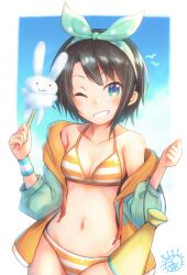 1girl absurdres bikini black_hair bow breasts collarbone grin hair_bow highres hololive jacket kanimiso_(juutilainen77) navel one_eye_closed oozora_subaru oozora_subaru_(hololive_summer_2019) small_breasts smile solo stomach striped_bikini striped_clothes swimsuit
