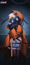 1girl absurdres against_wall bandaid black_thighhighs blue_bow blue_skirt bow cardigan chain character_name coat copyright_name covered_face feet_out_of_frame hands_up helmet highres holding holding_sign hood hood_up hooded_coat indoors logo long_sleeves lynn_(path_to_nowhere) miniskirt mugshot official_art official_wallpaper open_clothes open_coat orange_coat path_to_nowhere pink_bow pink_cardigan pleated_skirt prison_clothes sign skirt sleeves_past_fingers sleeves_past_wrists solo space_helmet thigh_bow thighhighs white_helmet yellow_bow zettai_ryouiki |_|