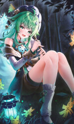 Rule 34 | 1girl, absurdres, ahoge, animal ears, bamboo, bamboo forest, black headwear, brown shorts, chinese commentary, commentary, english commentary, fiery tail, fingernails, forest, fox ears, fox girl, fox tail, green eyes, green footwear, green hair, highres, holding, honkai: star rail, honkai (series), huohuo (honkai: star rail), ichizon, knees up, korean commentary, leg warmers, light blush, looking at viewer, mixed-language commentary, nature, on ground, open mouth, paper doll, paw-shaped pupils, shorts, sitting, symbol-shaped pupils, tail, tail (honkai: star rail), tassel, white leg warmers, yin yang hair ornament