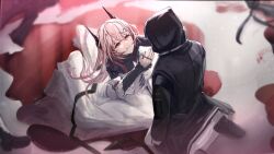 1girl 1other absurdres arknights arms_up black_coat black_horns blood closed_mouth coat commentary dlop_6 doctor_(arknights) dress dying glitch hair_between_eyes highres hood hood_up hooded_coat horns jewelry kneeling long_dress long_hair long_sleeves looking_at_another multiple_rings outstretched_arms pink_hair pool_of_blood red_eyes ring smile spoilers theresa_(arknights) white_dress