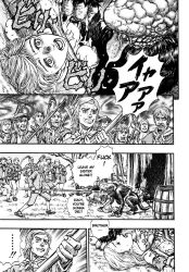 1girl berserk breasts breasts_out rape club_(weapon) defeat forced_to_watch hannah_(berserk) held_down helpless licking_breast missionary monochrome monster multiple_boys nipples official_art panels penis rape restrained scared sex siblings torn_clothes troll