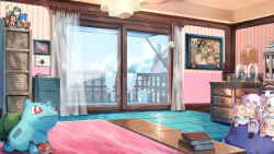absurdres balcony bedroom blue_sky book book_stack bulbasaur bulletin_board cabinet character_doll character_request cloud commission copyright_request creatures_(company) curtains day fuwawa_abyssgard game_freak gen_1_pokemon glass_door highres hololive indoors kiryu_coco mahou_shoujo_madoka_magica miki_sayaka miki_sayaka_(magical_girl) mococo_abyssgard nekomata_okayu ninomae_ina&#039;nis nintendo no_humans original photo_(object) plant pokemon portrait_(object) potted_plant sakura_kyoko sakura_kyoko_(magical_girl) scenery shirakami_fubuki sky sunnysideup table virtual_youtuber watering_can