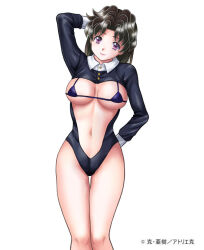 Rule 34 | 1girl, arm behind back, arm behind head, bikini, black hair, breasts, futari ecchi, katsu aki, large breasts, leotard, long hair, looking at viewer, micro bikini, navel, onoda yura, purple eyes, simple background, smile, solo, swimsuit, white background