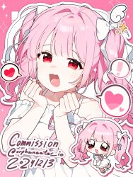 ! 1girl :3 :d bare_shoulders blunt_bangs blush bow chibi chibi_inset clenched_hands commentary commission dated diamond_(shape) dress dress_ribbon english_commentary frilled_dress frills hair_bow hair_intakes hands_up heart highres long_hair looking_at_viewer off-shoulder_dress off_shoulder open_mouth original orphaneater_io outline pink_background pink_hair pink_ribbon red_eyes ribbon sidelocks smile spaghetti_strap speech_bubble twintails twitter_username white_bow white_dress white_outline