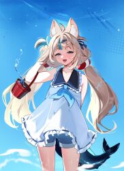 1girl :d ahoge animal_ear_fluff animal_ears arm_behind_back arm_up blonde_hair blue_background blue_eyes blue_hair blue_neckerchief blue_sailor_collar blue_shorts bow bucket cat_ears collar collarbone commentary cowboy_shot dress fang fins fish_girl fish_tail frilled_dress frills hair_bow half-closed_eyes hands_in_own_hair hashtag-only_commentary highres holding holding_bucket indie_virtual_youtuber lifebuoy_hair_ornament long_hair looking_at_viewer low_twintails multicolored_hair neckerchief one_side_up open_mouth sailor_collar sakichka sameko_saba sand_bucket shorts skin_fang sleeveless sleeveless_dress smile solo sparkle streaked_hair tail tongue twintails very_long_hair virtual_youtuber water white_dress