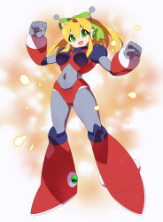 absurdres antennae armor armored_boots armored_gloves arms_up bikini_armor blonde_hair blue_eyes blurry blurry_background boots breasts covered_navel glowing green_ribbon hair_ribbon hairband headphones henshin highres hyper_roll_(marvel_vs._capcom) joints kaidou_zx knee_boots knee_pads large_breasts long_hair looking_at_viewer marvel_vs._capcom mechanical_arms mechanical_boots mechanical_legs mega_man_(classic) mega_man_(series) navel ponytail radio_antenna red_armor ribbon robot robot_girl robot_joints roll_(mega_man) shoulder_armor sidelocks simple_background smile sparks transformation white_background