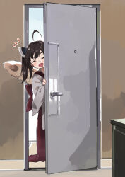 1girl :d ^_^ ahoge blush brown_hair closed_eyes commentary_request facing_viewer grey_kimono headgear highres japanese_clothes kimono kiritanpo_(food) lamb_(hitsujiniku) long_sleeves open_door open_mouth peeking_out smile solo touhoku_kiritan twintails voiceroid