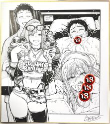 1boy 1girl 69 ass breasts chiba_toshirou cleavage cum cum_on_body cum_on_hair denim denim_shorts donut ejaculation facial food gojou_wakana handjob hetero high_ponytail highres holding holding_ice_cream_cone ice_cream_cone kitagawa_marin large_breasts long_hair monochrome photo_(medium) ponytail pussy_juice shikishi short_hair short_shorts shorts sono_bisque_doll_wa_koi_wo_suru text_print traditional_media