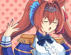 1girl :o absurdres animal_ears blue_bow blue_bowtie blue_nails bobamiruku bow bowtie brown_hair center_frills closed_eyes commentary daiwa_scarlet_(umamusume) english_commentary epaulettes fang frills hair_between_eyes hand_up heart heart_background highres horse_ears horse_girl long_hair pink_background portrait school_uniform solo teeth tiara twintails umamusume upper_teeth_only world_is_mine_(vocaloid)