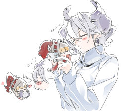 2girls 3_ma_me armor blush closed_eyes demon_girl doll drill_hair duel_monster grey_hair helmet holding holding_doll horns kiss knight knight_(yu-gi-oh!) lovely_labrynth_of_the_silver_castle multiple_girls pointy_ears stuffed_toy track_suit twin_drills upper_body white_background yu-gi-oh! yuri