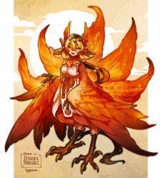 1girl animal_feet bird bird_legs bird_tail bird_wings brown_hair claws colored_inner_hair commentary_request dress feathered_wings full_body hand_up harpy head_wings hogara long_hair looking_at_viewer monster_girl multicolored_hair orange_eyes orange_hair orange_theme orange_wings original phoenix solo standing tail very_long_hair white_dress winged_arms wings yellow_background