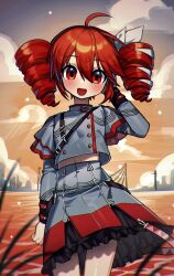 1girl ahoge arm_at_side belt black_belt black_skirt black_sleeve_cuffs blue_sky blush bow buttons cityscape cloud cowboy_shot double-breasted double-parted_bangs drill_hair flat_chest grass grey_jacket grey_skirt hair_between_eyes hair_bow hair_ribbon hand_up highres jacket kakosa_sama kasane_teto kasane_teto_(sv) layered_skirt layered_sleeves looking_at_viewer midriff_peek musical_staff navel ocean open_mouth orange_sky outdoors red_belt red_eyes red_hair red_skirt red_trim ribbon shoulder_belt shoulder_boards skirt sky sleeve_cuffs solo standing striped_clothes striped_skirt synthesizer_v twin_drills utau white_bow white_ribbon