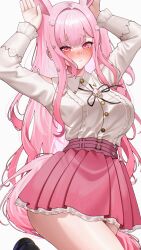 Rule 34 | 1girl, 404 (pixiv 94263879), absurdres, animal ears, belt, black ribbon, black shoes, blush, breasts, closed mouth, collared shirt, commentary, fingernails, hair ornament, highres, hololive, hololive english, large breasts, long hair, long sleeves, looking at viewer, mori calliope, mori calliope (kawaiiope), neck ribbon, pink belt, pink eyes, pink hair, pink skirt, rabbit pose, ribbon, shirt, shoes, simple background, skirt, solo, thighs, virtual youtuber, white background, white shirt