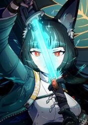 1girl animal_ear_fluff animal_ears aqua_jacket arm_up black_gloves black_hair black_necktie blunt_bangs bob_cut breasts close-up dynamic_pose e1alpha fingerless_gloves fox_ears fox_girl gauntlets gloves glowing glowing_weapon green_jacket highres holding holding_scabbard holding_sword holding_weapon hoshimi_miyabi jacket katana long_hair looking_at_viewer medium_breasts necktie open_clothes open_jacket red_eyes rope serious sheath shimenawa shirt single_fingerless_glove single_gauntlet solo sparkle sword unsheathing upper_body weapon white_shirt wide_sleeves zenless_zone_zero
